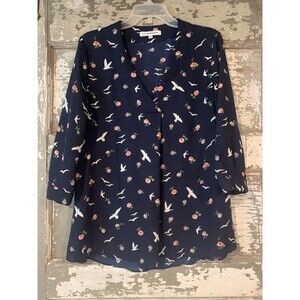 Pre-Owned Lex & Madison Women's Navy Color Top Birds/Floral Print Sz Medium